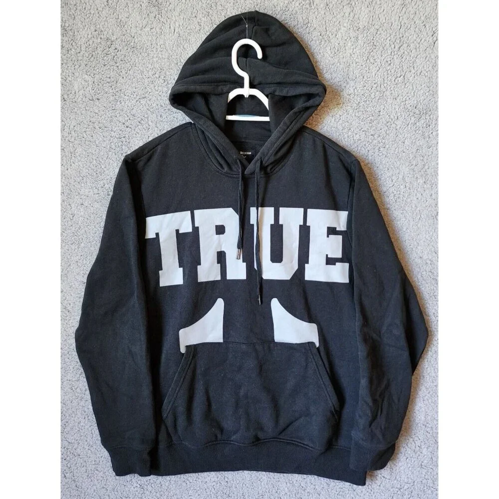 True Religion Black White‎ Spellout Pullover Drawstring Hoodie Size Large